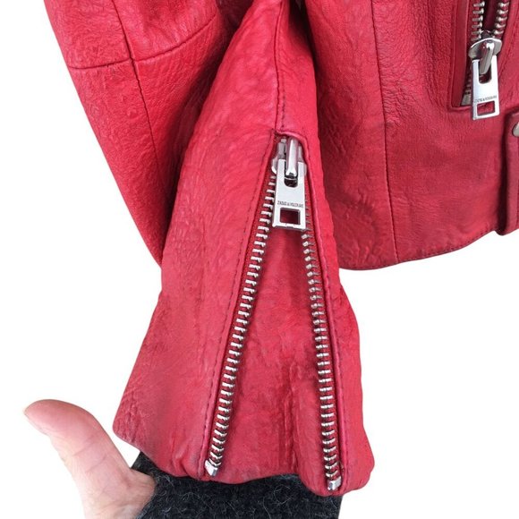 Zadig & Voltaire Women's Size Large Liya Cuir Moto Biker Leather Jacket Red - Picture 7 of 16